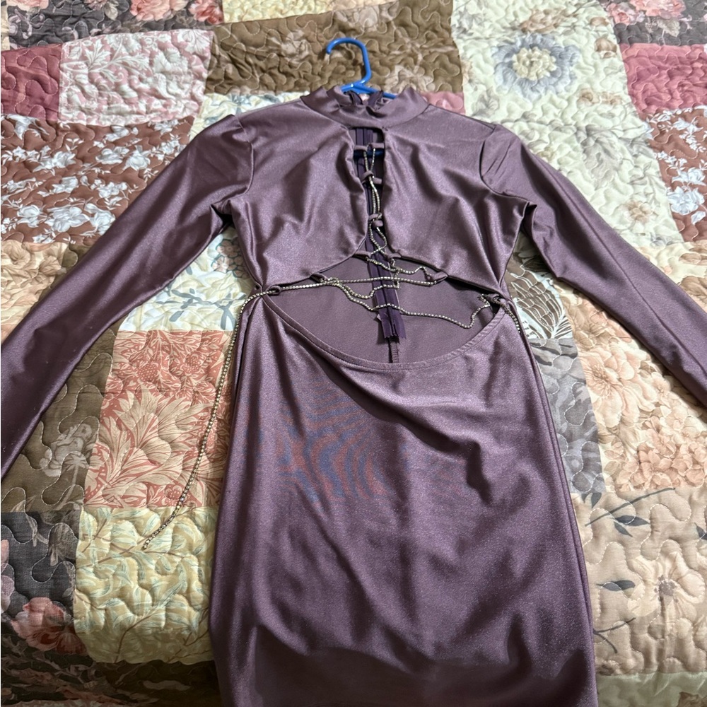 Fashion Nova Metallic Plum Long-Sleeve Cutout Dress with Chain Detail